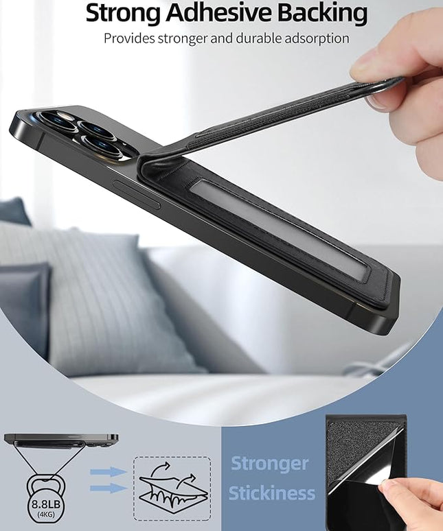 Phone Wallet Stick On, Upgraded Phone Wallet with Adjustable Stand, Open ID Window, 8-Card Holder, Stronger 3M Adhesive Credit Card Holder for Back of Phone Case, iPhone, Samsung and Android, Black