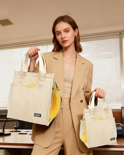 Fmeida Insulated Lunch Bag Women, 9L Large Lunch Bags with Multiple Pockets, Reusable Thermal Cooler Tote for Work, Office, Picnic, Travel | Hook and Loop Closure, Beige