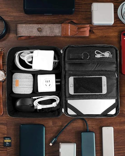 Travel Electronics Organizer, Waterproof Cable Organizer Bag for Electronic Accessories Double Layer Large Shockproof Cable Storage Bag for Cord, Power Bank, Tablet(Up to iPad 11 inch) - Black