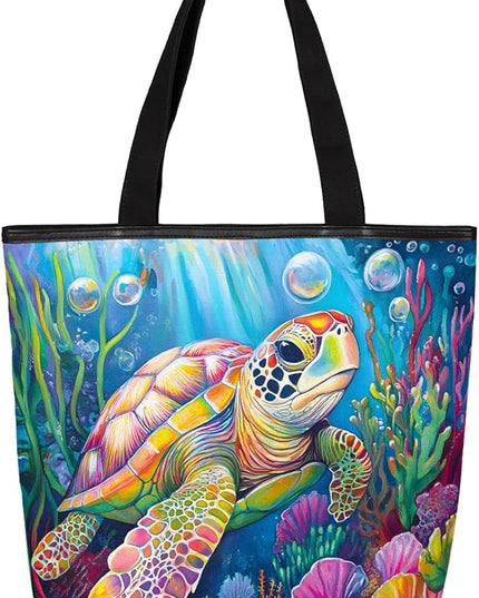 Pardick Canvas Tote Bags, Ocean Turtle Tote Bag Eco Friendly Reusable Grocery Shopping Bagsfor Beach, Books, Women with Zipper Inner Pocket