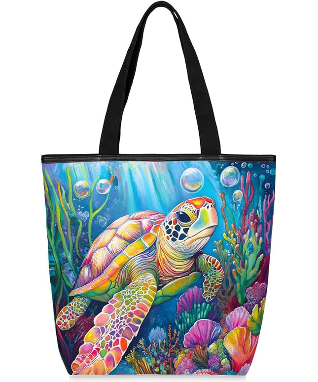 Pardick Canvas Tote Bags, Ocean Turtle Tote Bag Eco Friendly Reusable Grocery Shopping Bagsfor Beach, Books, Women with Zipper Inner Pocket