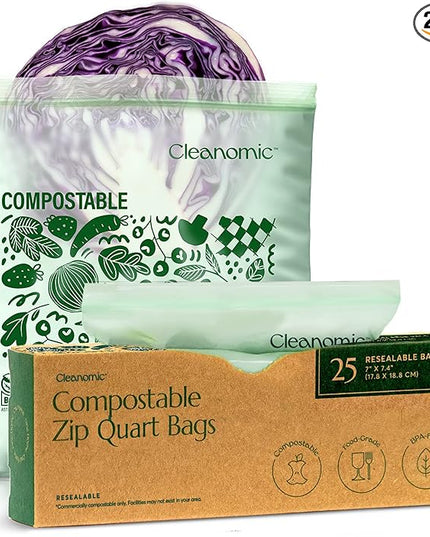 Cleanomic Compostable* Quart Size Food Storage Bags (25 Eco Zip) Freezer and Leak Proof, Also Available Gallon, Snack and Sandwich Size Bags