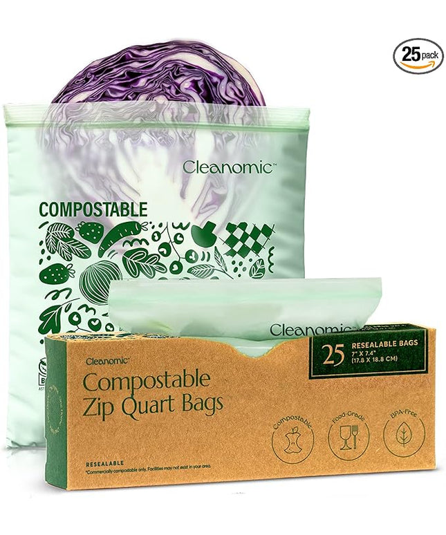 Cleanomic Compostable* Quart Size Food Storage Bags (25 Eco Zip) Freezer and Leak Proof, Also Available Gallon, Snack and Sandwich Size Bags