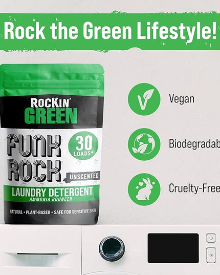 Rockin' Green Laundry Detergent, Plant based, All Natural Laundry Detergent Powder, Vegan and Biodegradable Odor Fighter, Safe for Sensitive Skin (Funk Rock Ammonia Bouncer 30 Loads - Unscented)