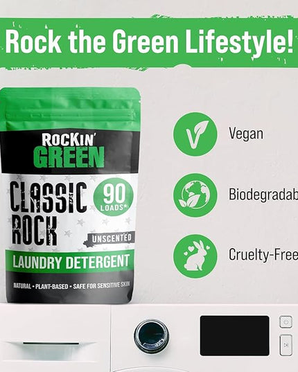 Rockin' Green Classic Rock Laundry Detergent Powder (90 Loads) - All Natural Laundry Detergent - Sensitive Skin Laundry Powder (Unscented)