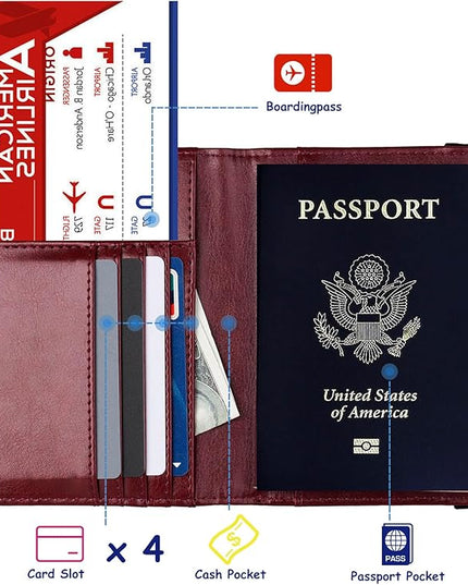 TOURSUIT RFID Blocking Passport Holder for Women Men, Leather Passport Travel Wallet with Metal 3D Metal Badge, Travel Document Holder Cover Accessories (Rose Red)