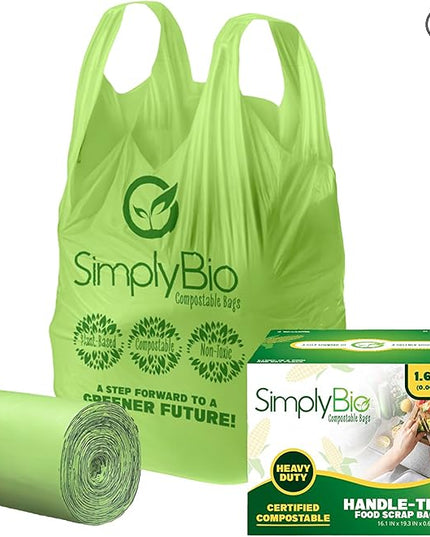 Simply Bio 1.6 Gallon Compostable Trash Bags Liners Handle, Heavy Duty Extra Thick 0.6 Mil, 6.06 Liter, 50 Bags, Small Kitchen Food Scrap Waste Bag, ASTM D6400, US BPI and OK Compost Home Certified