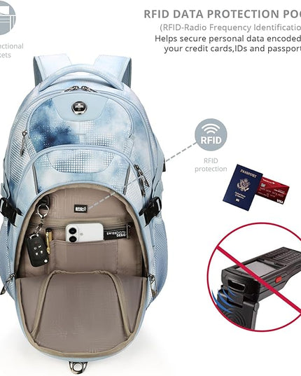 Swissdigital Laptop Backpack with USB Charging Port, Travel Backpack Fits 15.6 inches Computer, 31L Backpack for Men, Polka Blue | SD803-105