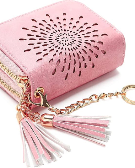 APHISON RFID Credit Card Holder Zipper Card Case Keychain Small Wallet for Women 1942-2 PINK