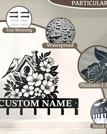 peanut case Customized Keys Holder - Personalized Birds Flower Key Hooks Wall Metal Sign Decor,Wall Holder, Garden,Door Hook (Style B)