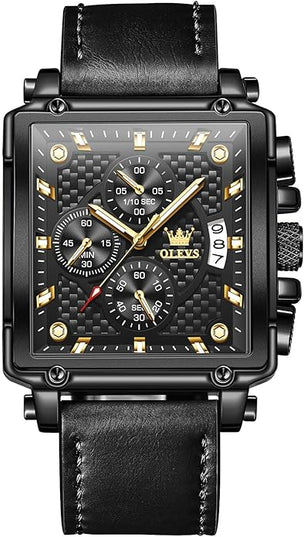 OLEVS Men's Chronograph Leather Watch, Big Face Easy to Read Analog Quartz Dress Watch, Casual Waterproof Luminous Hands Date Watches for Men, White/Blue/Black/Gold Dial