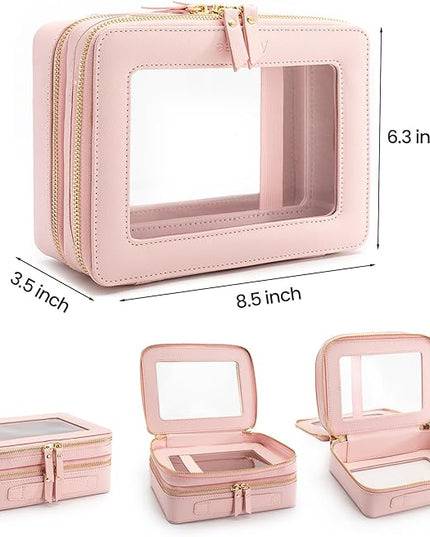 Aveniee XL Clear Makeup Organizer,Double Layer Travel Cosmetic Case with Brush Holder & Zippered Compartments, Large Toiletry Bag Train Case for Women.2 Layers, Pink