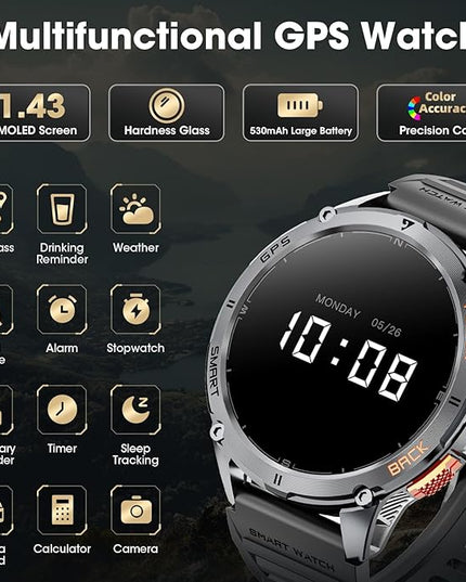 Military Smart Watches for Men with GPS, 1.43" AMOLED Bluetooth Call Smartwatch with LED Flashlight, Smart Watch for Android iOS, IP68 Waterproof Fitness Tracker with Heart Rate (Black)