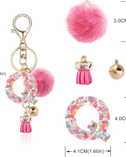 Resin Alphabet Initial Letter Keychain Keyring for Women Purse Handbags With Fur Ball Pom