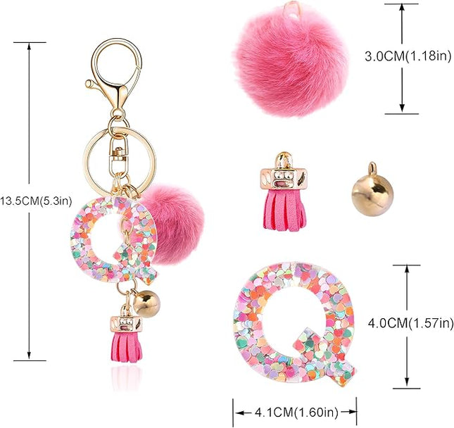 Resin Alphabet Initial Letter Keychain Keyring for Women Purse Handbags With Fur Ball Pom