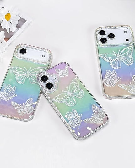 Cute Case for iPhone 17 Pro Max Case for Women Girls, with 3D Butterflies Pattern Design, Aesthetic Clear Iridescent Glitter Kawaii Girly Rainbow Protective Phone Cover