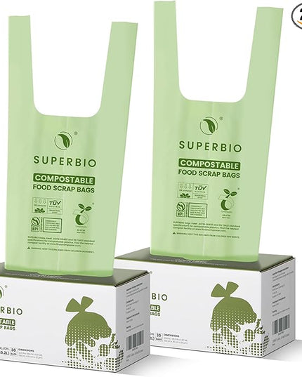 SUPERBIO 13 Gallon Handle Tie Compostable Food Waste Bags, 30 Count, 2 Pack, ASTM D6400, BPI and OK compost INDUSTRIAL, 49.2L, 0.87 Mil
