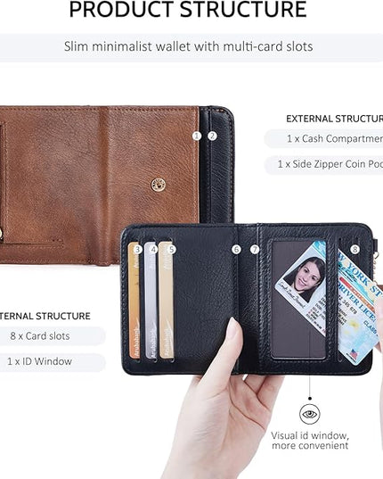 POIUGOYA Slim Wallet for Women,RFID Blocking Bifold Credit Card Holder with Zipper Coin Pocket,ID Window,Keychain