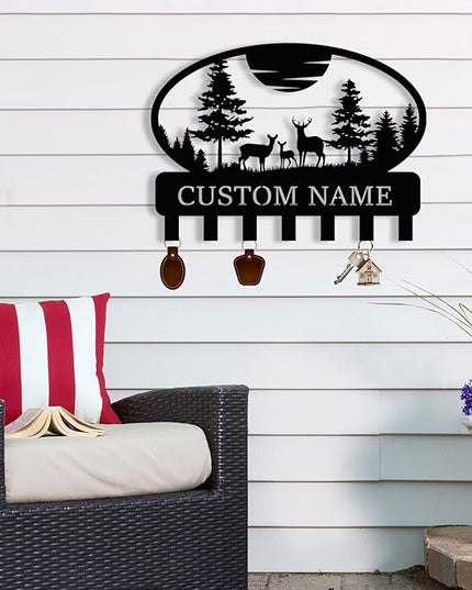 Personalized Metal Key Holder for Wall, Custom Metal Deer Cabin Key Hooks with Name, Name Letter Wall Decoration Key Hooks, Farmhouse Deer Sign, Key Rack for Kitchen, Key Organizer for Cabin Home Gift