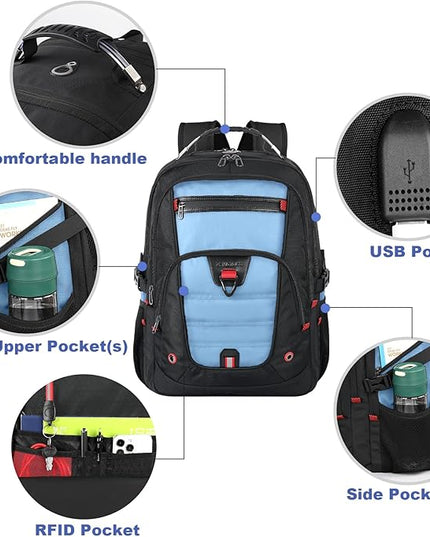 Z-MGKISS 18.4"-19" Extra Large Laptop Backpack, Water-Resistant Gaming Laptop Travel Backpack, School Bag with USB Charging Port and Multiple Compartments, Gifts for Men & Women, Lake Blue