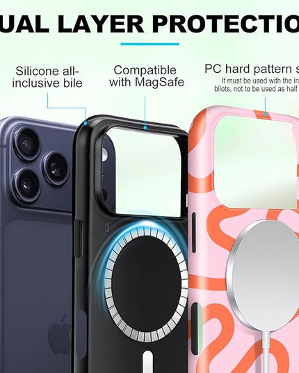 Magnetic for iPhone 17 Pro Case Cute Curved Stripes Phone Case, Shockproof Slim TPU and Hard PC Protective Phone Cover Compatible with MagSafe Designed for Women Girls,Pink