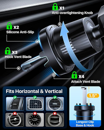 YRU Phone Holders for Your Car [2026 Upgraded Military Metal Hook], Cellphone Holder Car[No Fear of Bumps] Vent Phone Mount Truck Compatible with iPhone17 16 15 14 13 12 Samsung Android, Black