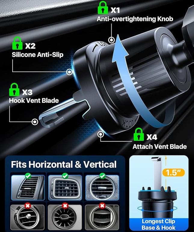 YRU Phone Holders for Your Car [2026 Upgraded Military Metal Hook], Cellphone Holder Car[No Fear of Bumps] Vent Phone Mount Truck Compatible with iPhone17 16 15 14 13 12 Samsung Android, Sapphire