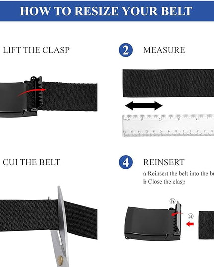 WHIPPY Canvas Web Belt Flip-Top Solid Black Military Buckle Fully Adjustable Mens Webbing Belts Cut To Fit