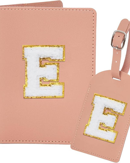 Initial Passport Cover Holder and Luggage tag Set,PU Leather Passport Case Travel Suitcase Tag with Letter Patch, Personalized Travel Luggage Accessories Gifts for Women Grils Teenage Pink Letter E