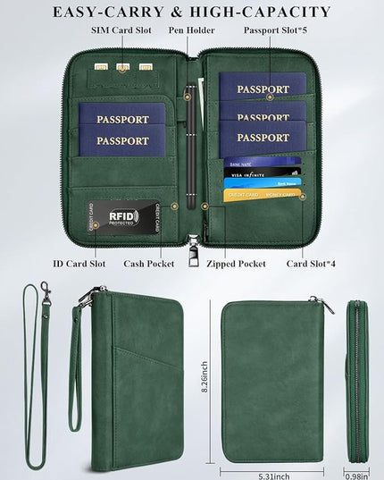 Family Passport Holder Wallet RFID Travel Document Organizer for Women Men, Portable Case Cover for Cards, Boarding Pass with Wrist & Neck Double Strap, Travel Christmas Gifts (Charcoal Green, 1pack)