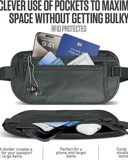 VENTURE 4TH Money Belt for Travel – Hidden Under-Clothes RFID Blocking Passport Holder & Slim Travel Wallet Pouch for Men & Women to Protect Cash, Cards & Documents (Sleek Gray)