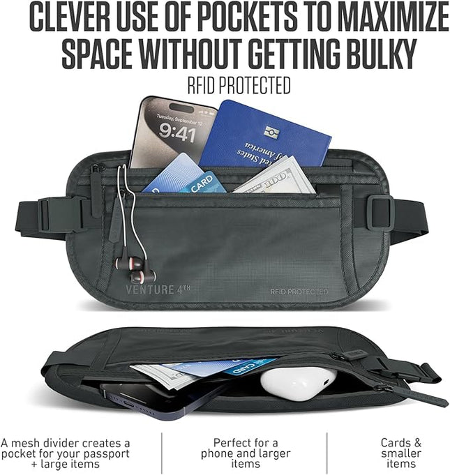 VENTURE 4TH Money Belt for Travel – Hidden Under-Clothes RFID Blocking Passport Holder & Slim Travel Wallet Pouch for Men & Women to Protect Cash, Cards & Documents (Sleek Gray)