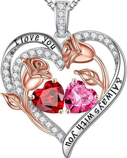Iefil Christmas Gifts for Women Wife - 925 Sterling Silver Rose Heart Birthstone Necklace Birthday Anniversary Jewelry Gifts for Her Wife Mom Daughter