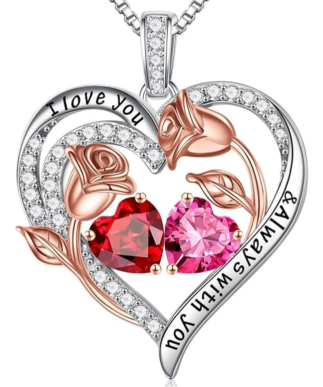 Iefil Christmas Gifts for Women Wife - 925 Sterling Silver Rose Heart Birthstone Necklace Birthday Anniversary Jewelry Gifts for Her Wife Mom Daughter