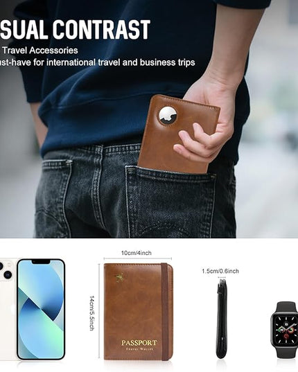 Passport Holder with AirTag – RFID Blocking Travel Document Wallet, Leather Passport Cover with AirTag Slot, Keeps Passport Safe & Trackable (Brown)