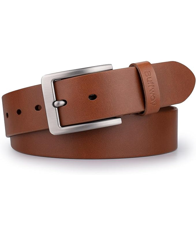 Buffway Men’s Full Grain Leather Belt – Solid One-Piece Leather, 1.5” Wide for Jeans & Business Casual, Gift Box Included