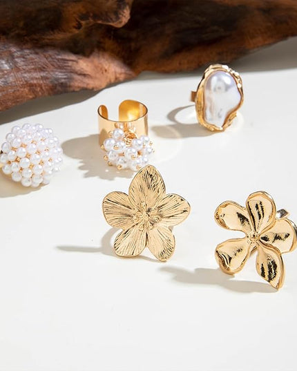 Chunky Gold Rings for Women Non Tarnish Statement Flower Ring Baroque Pearl Stackable Rings Set 6Pcs Chunky Jewelry