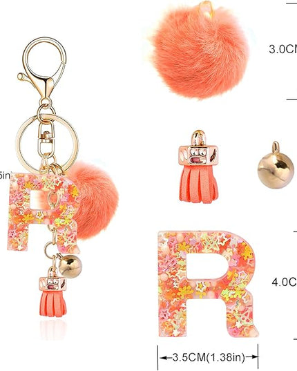 Resin Alphabet Initial Letter Keychain Keyring for Women Purse Handbags With Fur Ball Pom