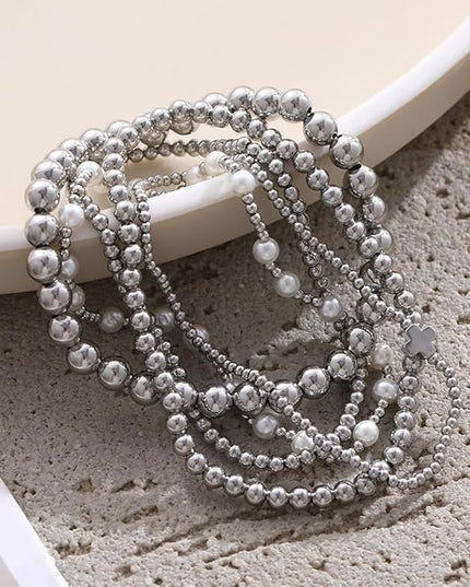 Gold Beaded Bracelets for Women, 14K Real Gold Plated Jewelry for Women Dainty Pearl Bead Bracelets Stack, Non Tarnish Trendy Stackable Ball Cross Stretch Bracelet Set Fashion Accessories Gifts