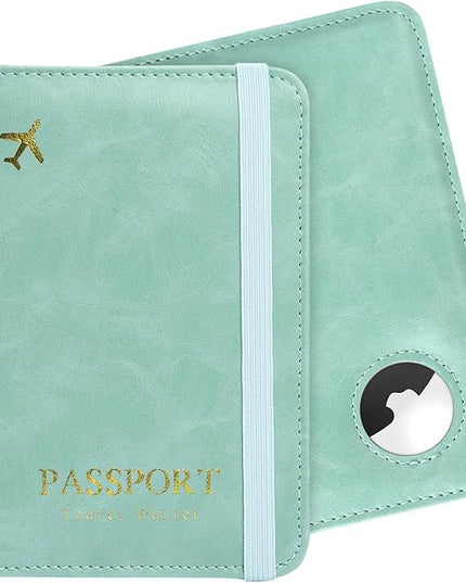 Passport Holder with AirTag – RFID Blocking Travel Document Wallet, Leather Passport Cover with AirTag Slot, Keeps Passport Safe & Trackable (Blue)