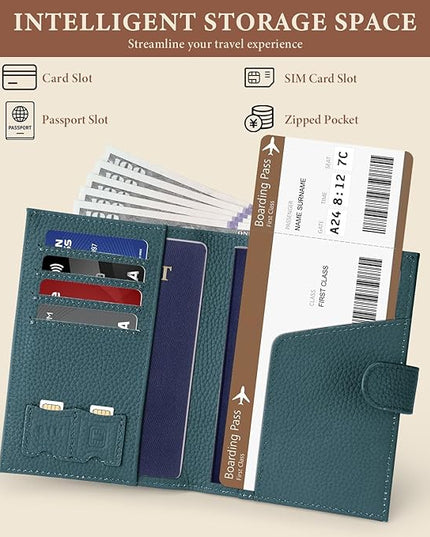 Genuine Leather Passport Holder for Women Men, Hidden Airtag Pocket, RFID Blocking, Zippered Coins Pocket & Cash Compartment Travel Gifts Essentials Passport Cover Case - Navy blue