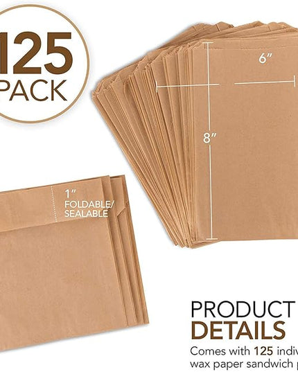 Paper Sandwich Bags Kraft Brown (125 Pack) Food Grade Bags with White Round Stickers for Sealing - Unbleached Compostable Natural Kraft Paper Stock Bags for Bakery Cookies, Treats, Snacks, Sandwiches