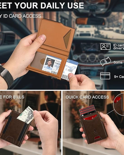 Wallet for Men Wallet with Slim Pop Up Card Holder 9-13 Cards, Bifold Minimalist Smart Wallet RFID Blocking Credit Card Holder with ID Window & Stretchable Cash Slot Compact Metal Aluminum Card Case