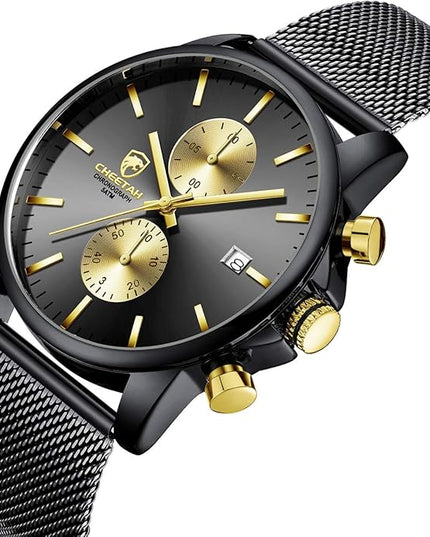 GOLDEN HOUR Mens Watch Fashion Sleek Minimalist Quartz Analog Mesh Stainless Steel Waterproof Chronograph Watches for Men with Auto Date