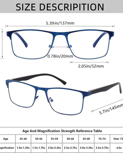 4-Pack Blue Light Blocking Reading Glasses for Men Stylish Metal Frame Readers with Comfort Spring Hinges Anti Glare UV Filter Eyeglasses, +2.75 STRENGTH