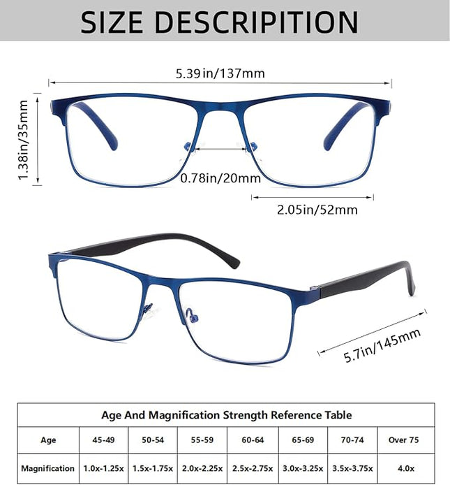 4-Pack Blue Light Blocking Reading Glasses for Men Stylish Metal Frame Readers with Comfort Spring Hinges Anti Glare UV Filter Eyeglasses, +2.5 STRENGTH