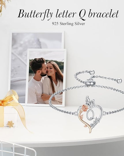 TOUPOP Gifts for Women Rose Heart Initial Bracelet 925 Sterling Silver Butterfly Letter Link Bracelet Love Jewelry Valentines Day Birthday Gifts for Her Wife Girlfriend Mom