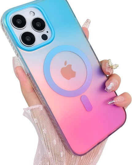 Aesthetic Case for iPhone 14 Pro Case for Women Girls, Compatible with Magsafe, Cute Girly Trendy Glitter Sparkly Rainbow Magnetic Protective Phone Cover, Matte Iridescent Blue & Pink