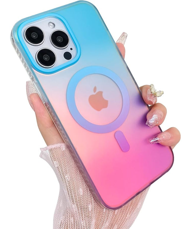 Aesthetic Case for iPhone 14 Pro Case for Women Girls, Compatible with Magsafe, Cute Girly Trendy Glitter Sparkly Rainbow Magnetic Protective Phone Cover, Matte Iridescent Blue & Pink