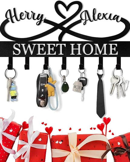 KAINSY Personalized Key Holder for Wall, Custom Key Rack Coat Rack with Couple's Name, Metal Key Holder Wall Mount, Key Hooks Wall Hanging for Bedroom Hallway Home Decor, Wedding Housewarming Gifts